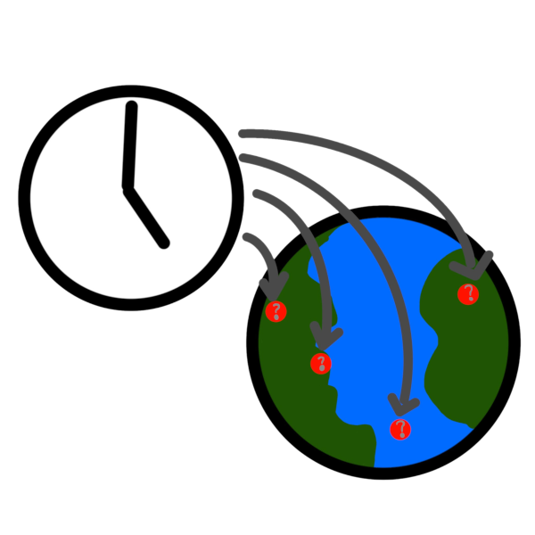 A drawing of a clock and a globe. The clock is set to 5 o’clock and has arrows pointing from the clock to red dots spread across the globe. Each red dot also has a question mark on it